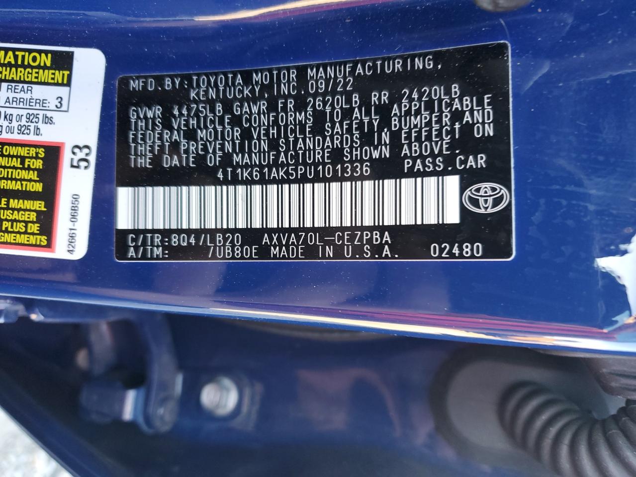 2023 TOYOTA CAMRY XSE VIN:4T1K61AK5PU101336