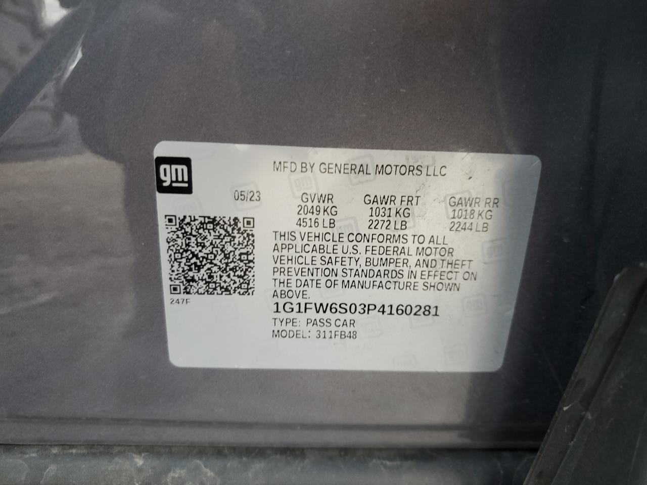 2023 CHEVROLET BOLT EV 1LT VIN:1G1FW6S03P4160281