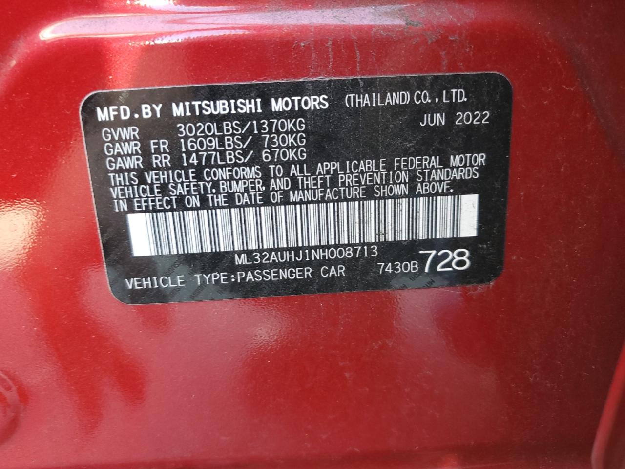 2022 MITSUBISHI MIRAGE ES VIN:ML32AUHJ1NH008713