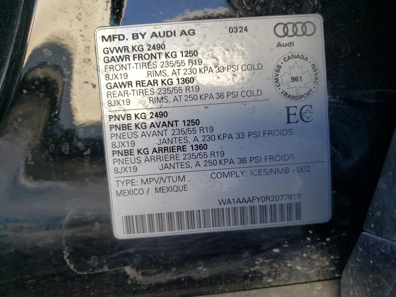2024 AUDI Q5 KOMFORT 45 VIN:WA1AAAFY0R2077810