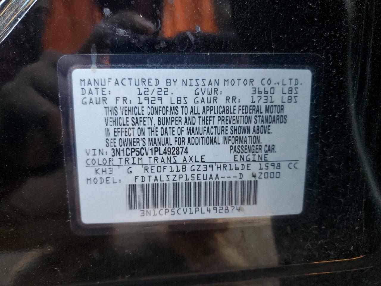 2023 NISSAN KICKS SV VIN:3N1CP5CV1PL492874