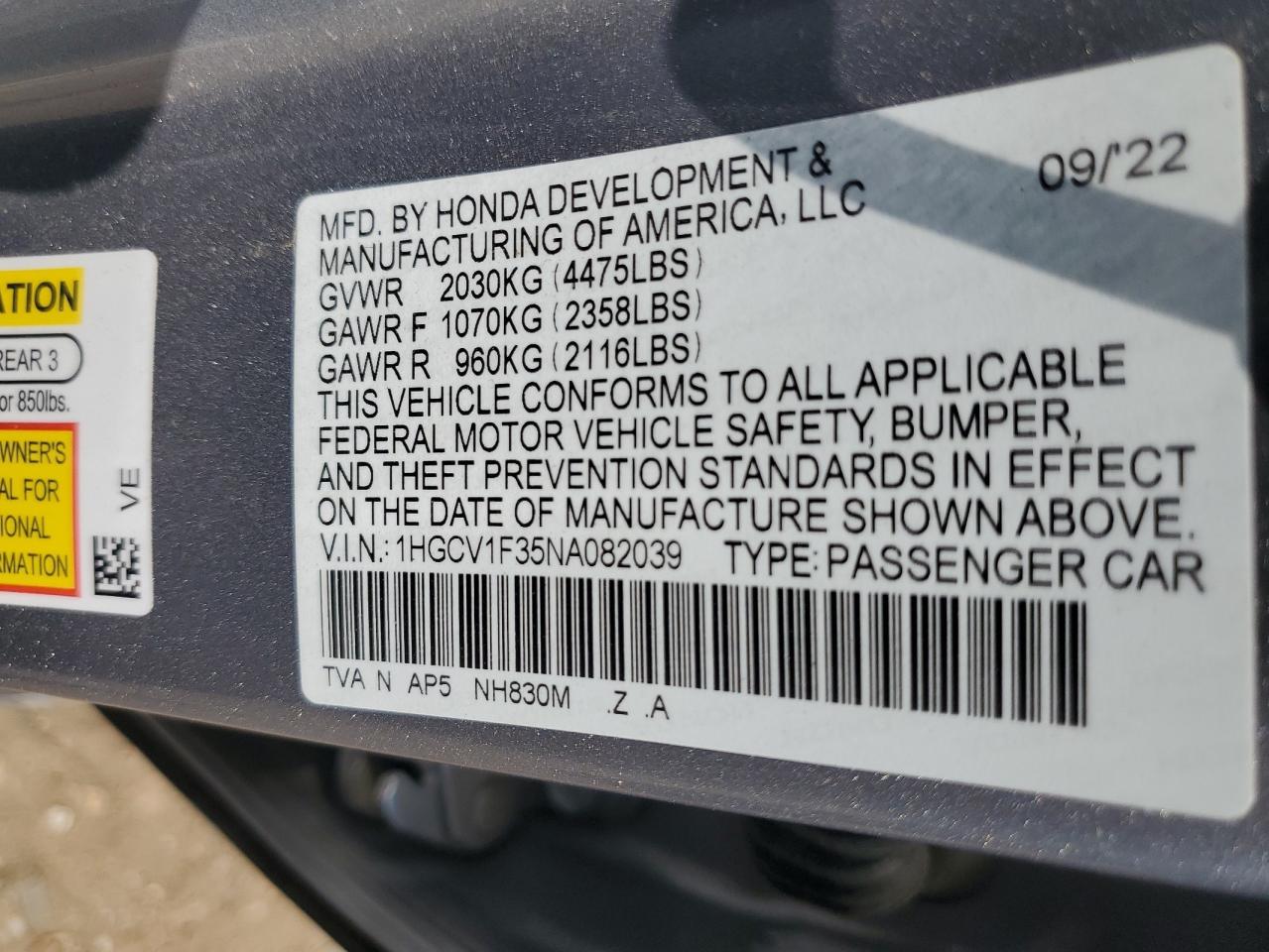 2022 HONDA ACCORD SPORT VIN:1HGCV1F35NA082039