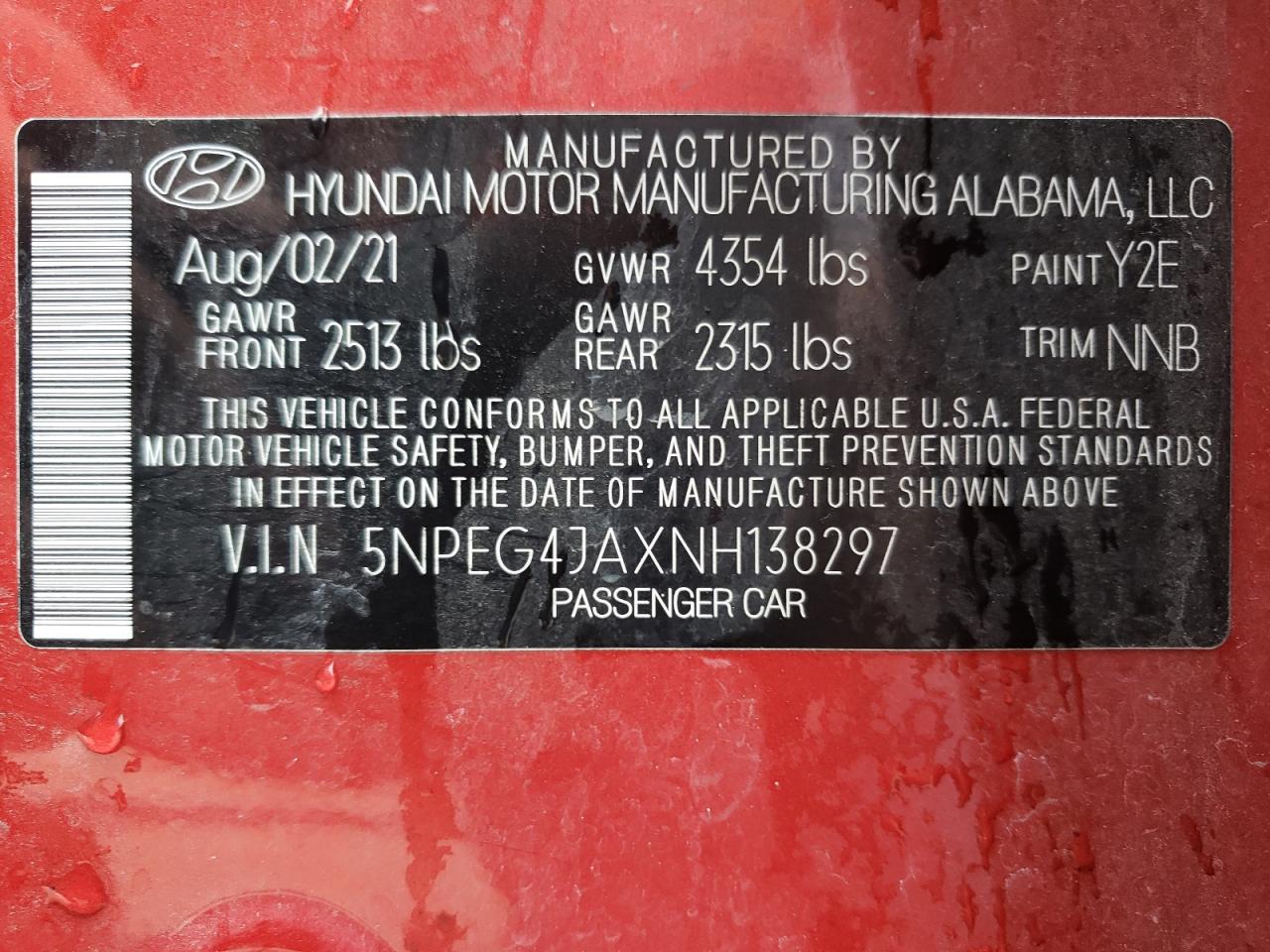 2022 HYUNDAI SONATA SE VIN:5NPEG4JAXNH138297