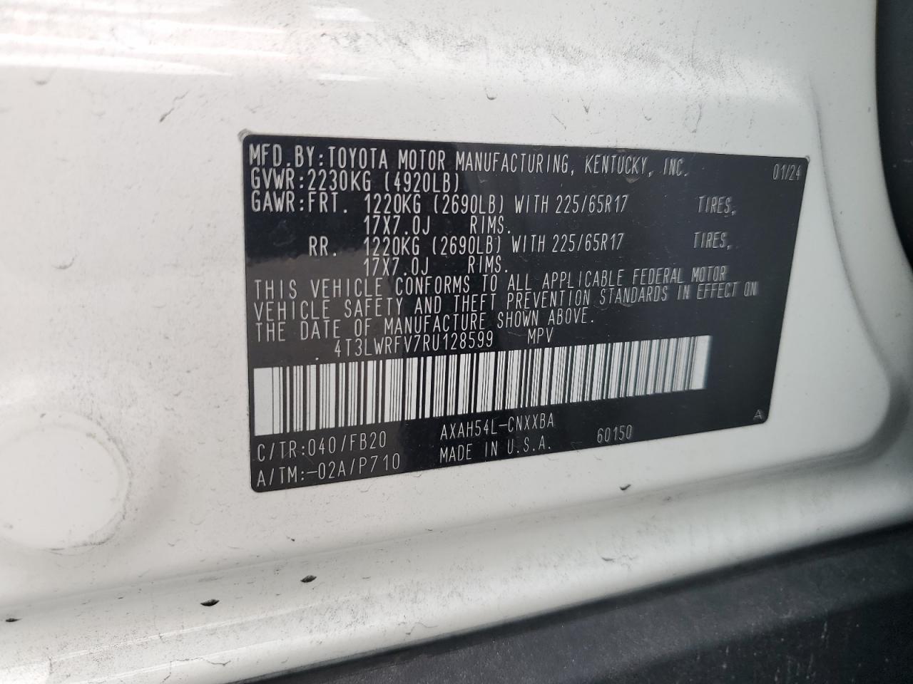 2024 TOYOTA RAV4 LE VIN:4T3LWRFV7RU128599