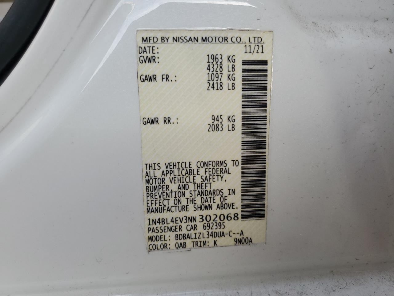 2022 NISSAN ALTIMA SL VIN:1N4BL4EV3NN302068
