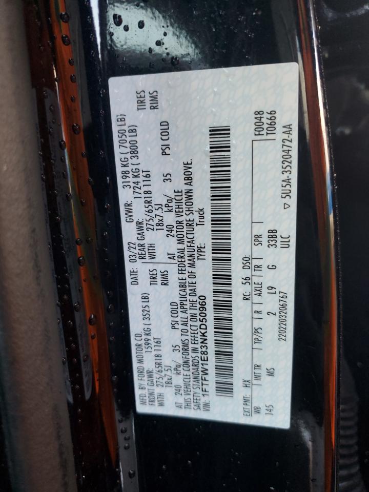 2022 FORD F150 SUPERCREW VIN:1FTFW1E83NKD50960