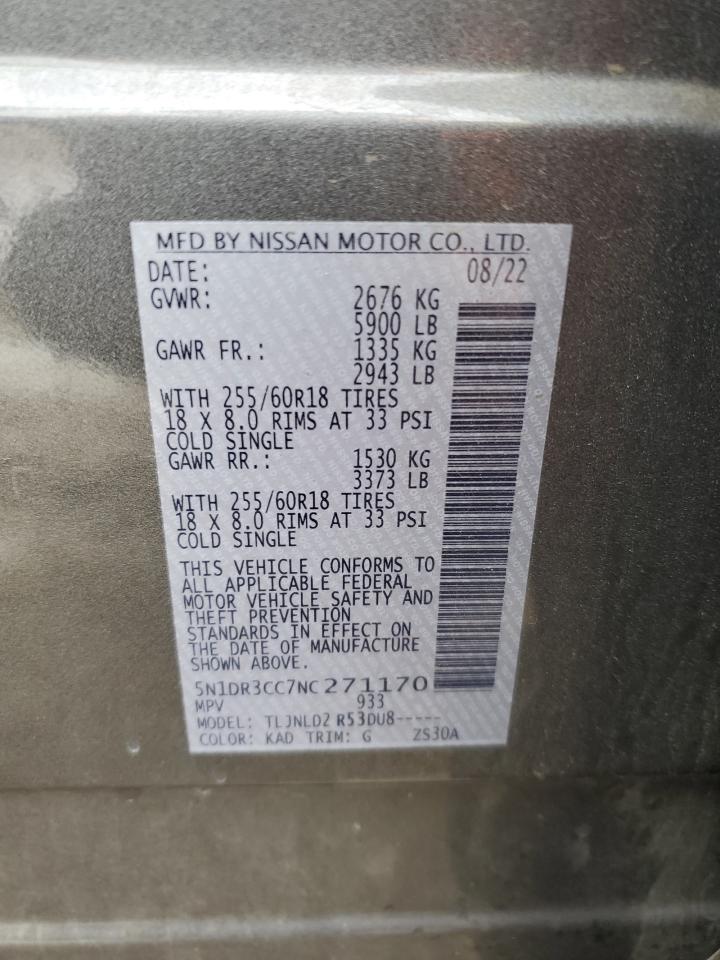 2022 NISSAN PATHFINDER SL VIN:5N1DR3CC7NC271170