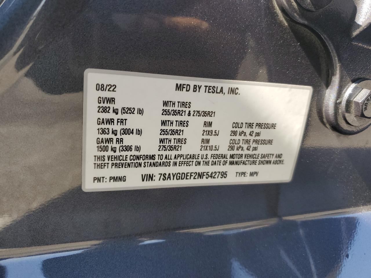 2022 TESLA MODEL Y  VIN:7SAYGDEF2NF542795