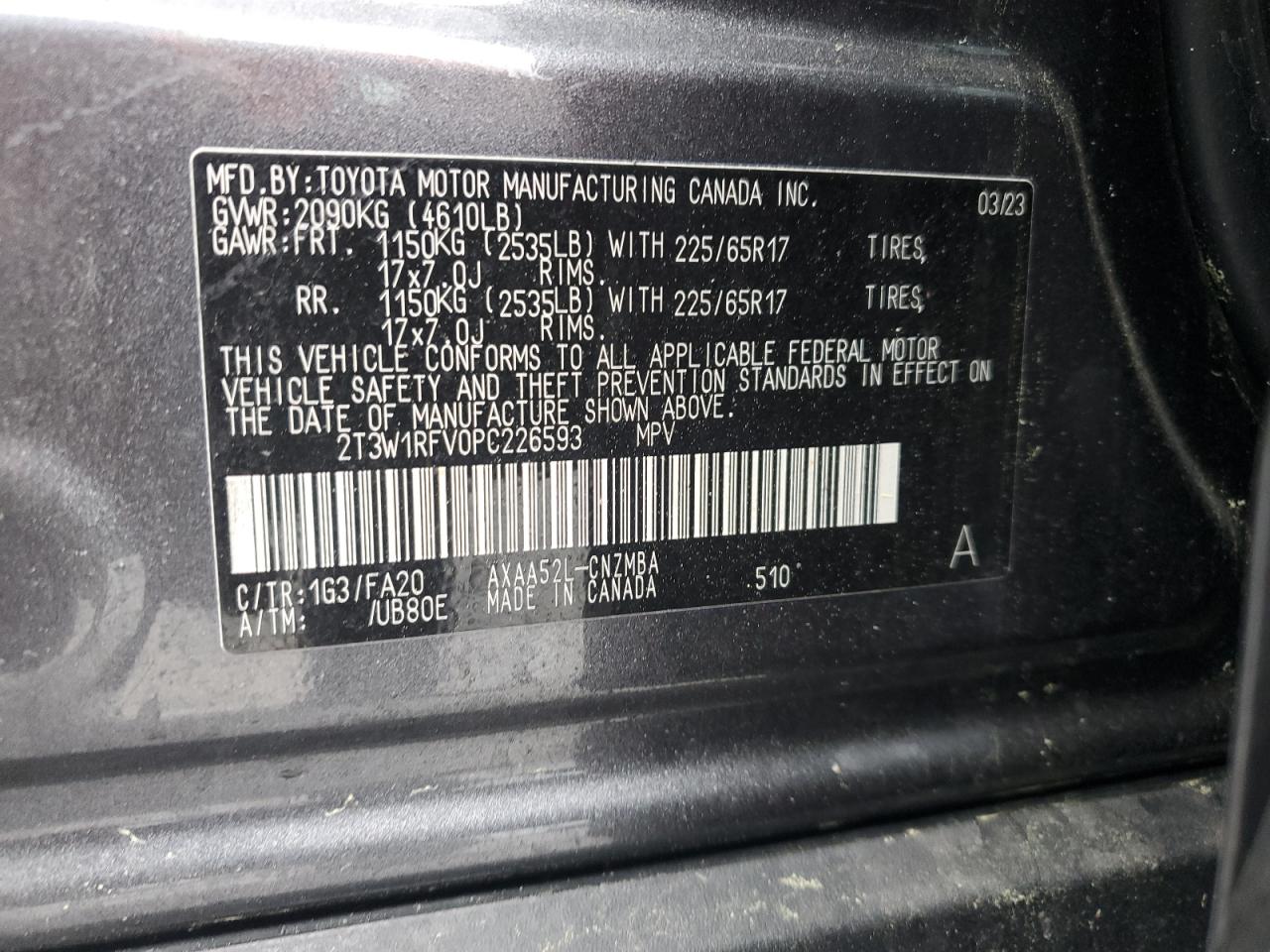 2023 TOYOTA RAV4 XLE VIN:2T3W1RFV0PC226593