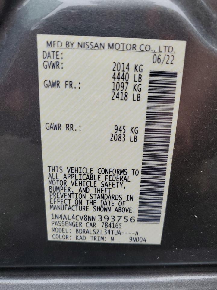 2022 NISSAN ALTIMA SR VIN:1N4AL4CV8NN393756