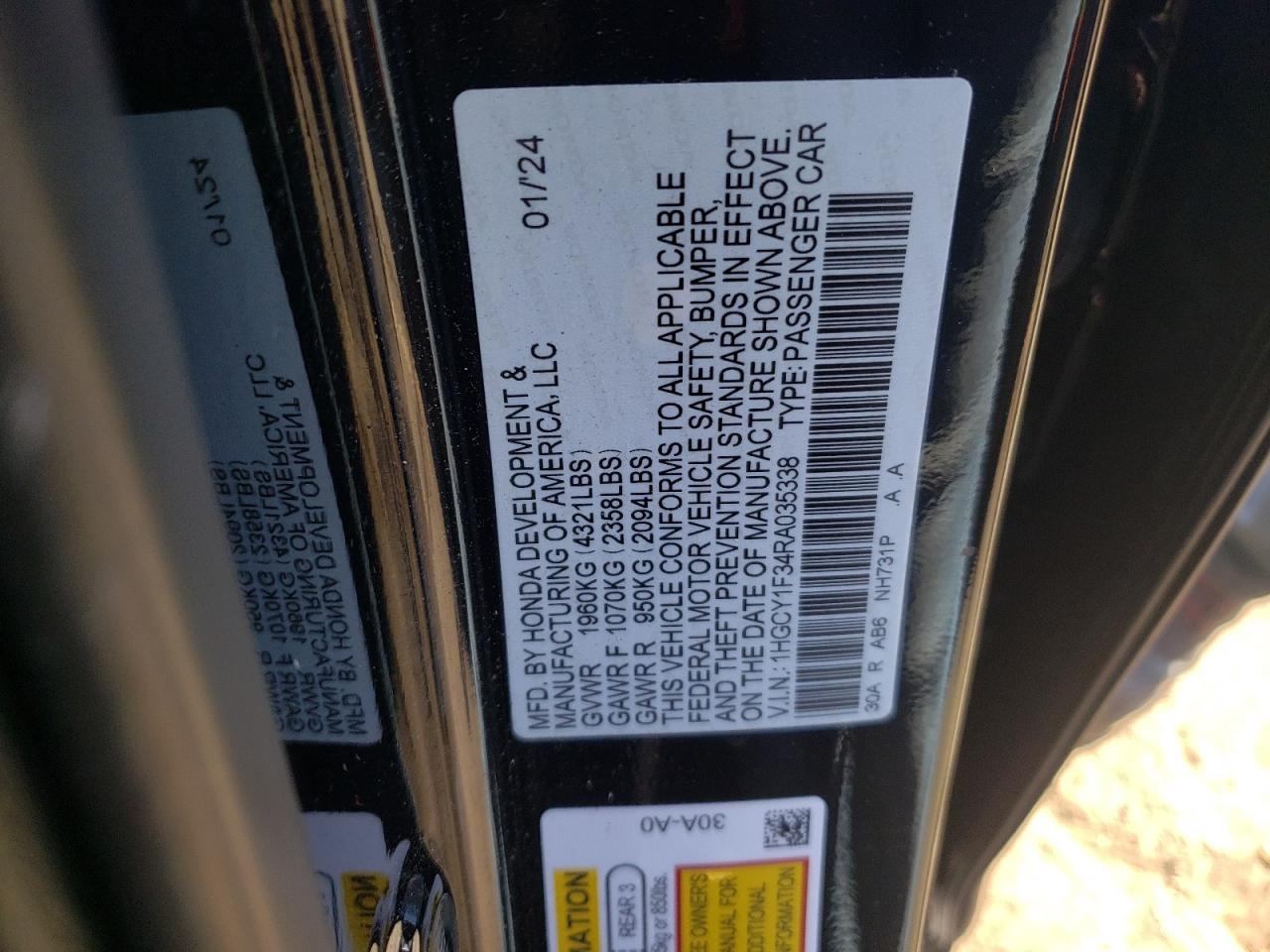 2024 HONDA ACCORD EX VIN:1HGCY1F34RA035338
