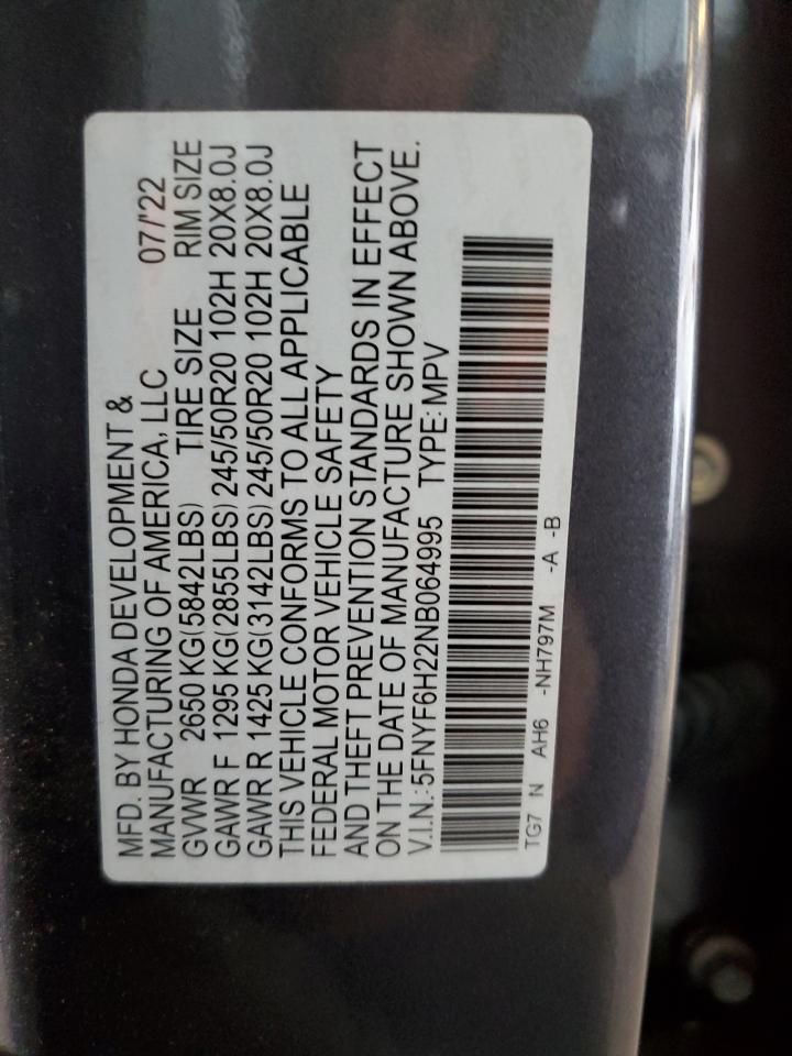 2022 HONDA PILOT SE VIN:5FNYF6H22NB064995