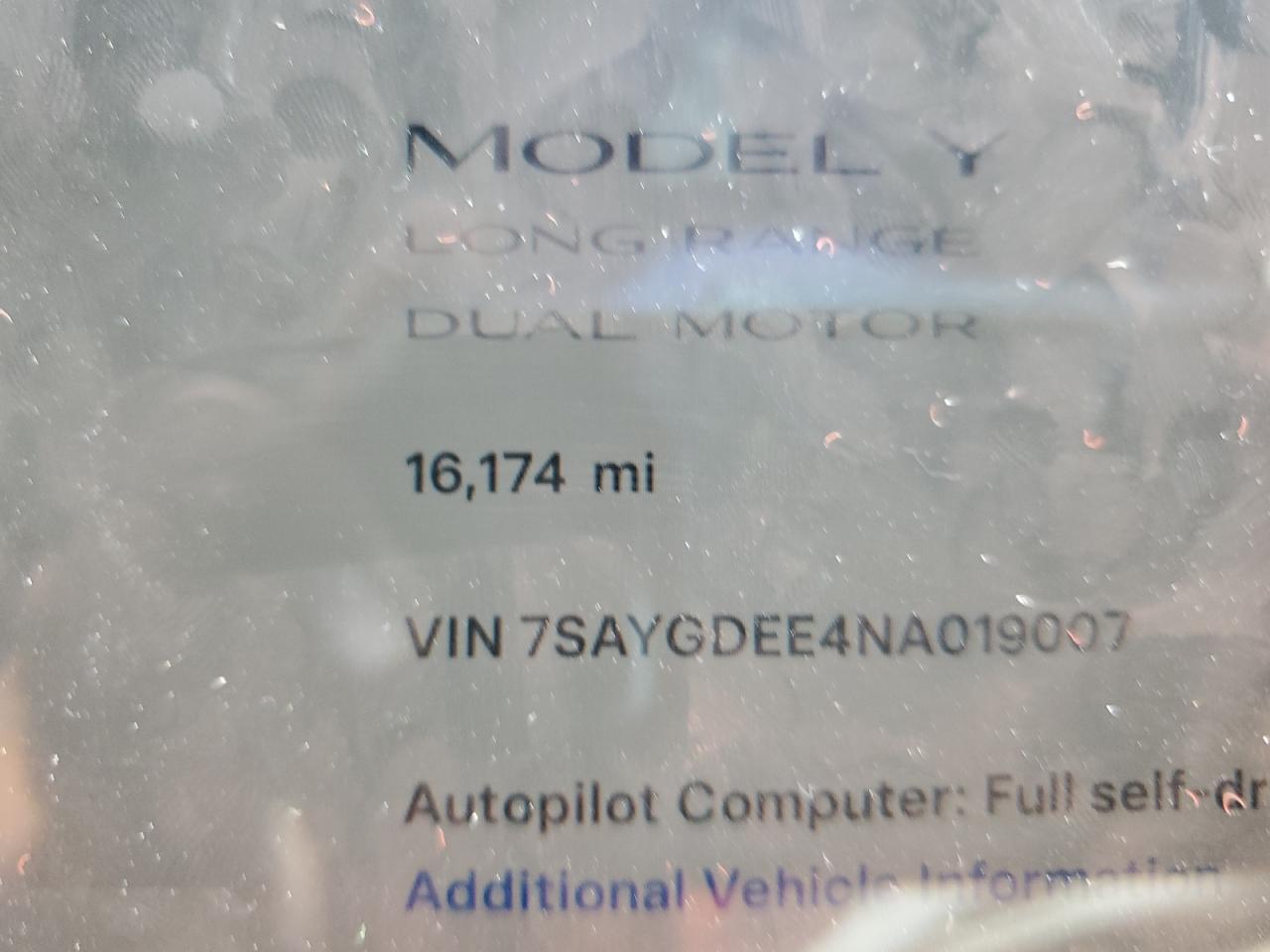 2022 TESLA MODEL Y  VIN:7SAYGDEE4NA019007