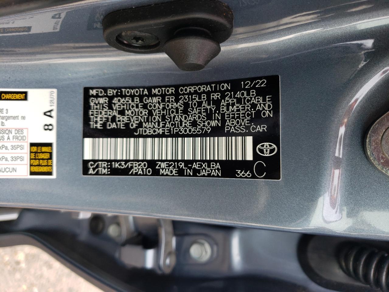 2023 TOYOTA COROLLA LE VIN:JTDBCMFE1P3005579