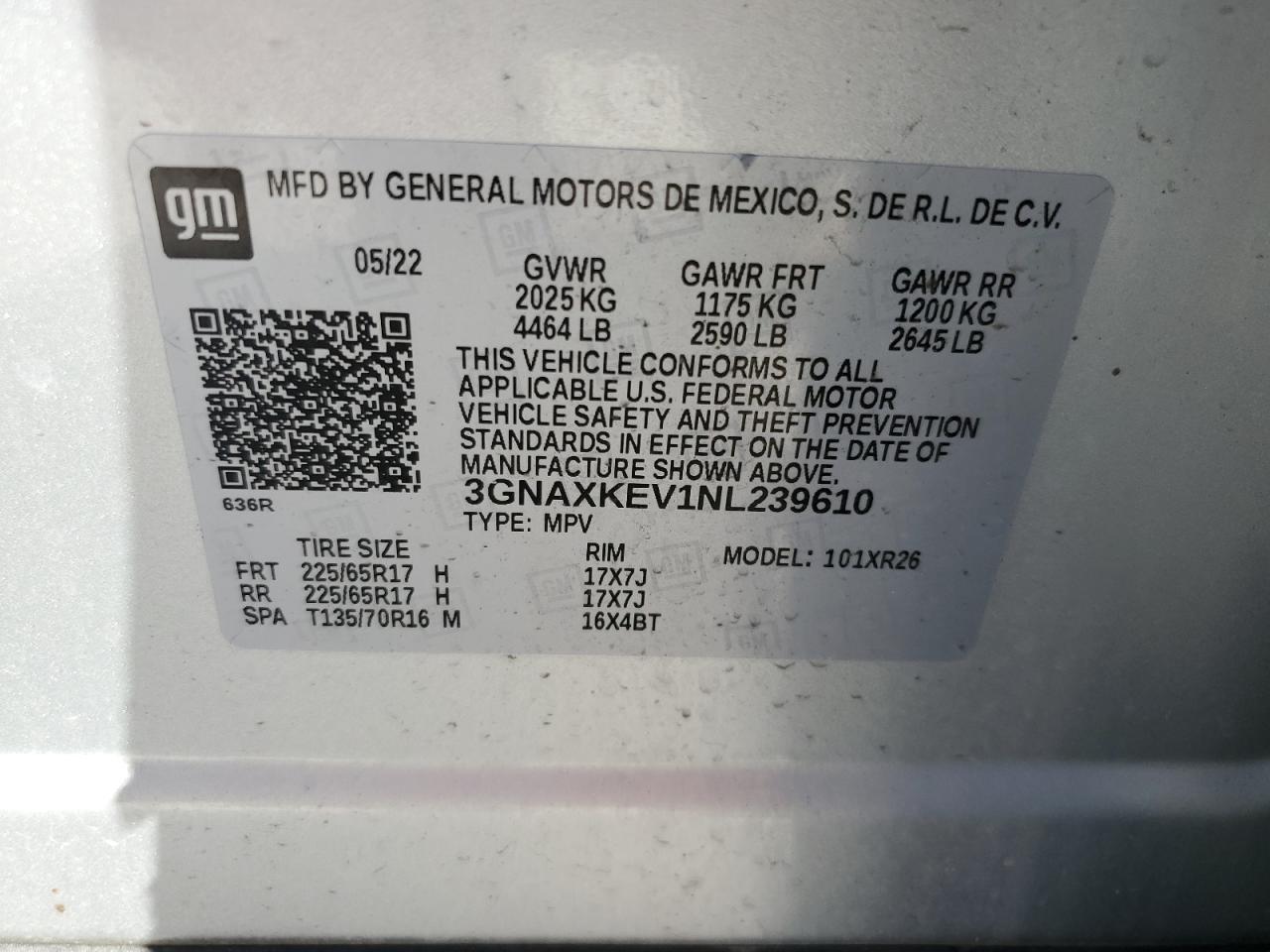 2022 CHEVROLET EQUINOX LT VIN:3GNAXKEV1NL239610