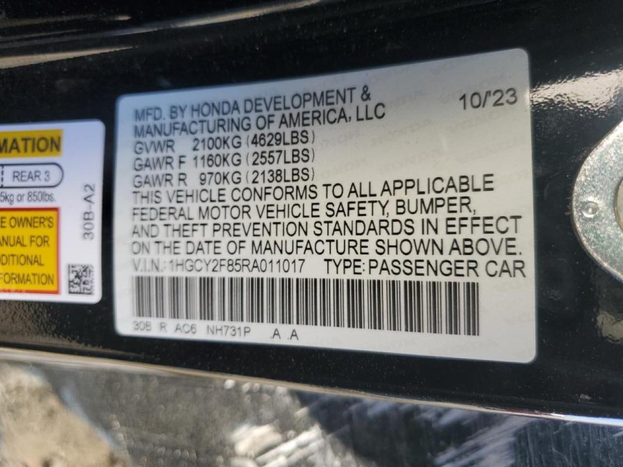 2024 HONDA ACCORD TOURING HYBRID VIN:1HGCY2F85RA011017