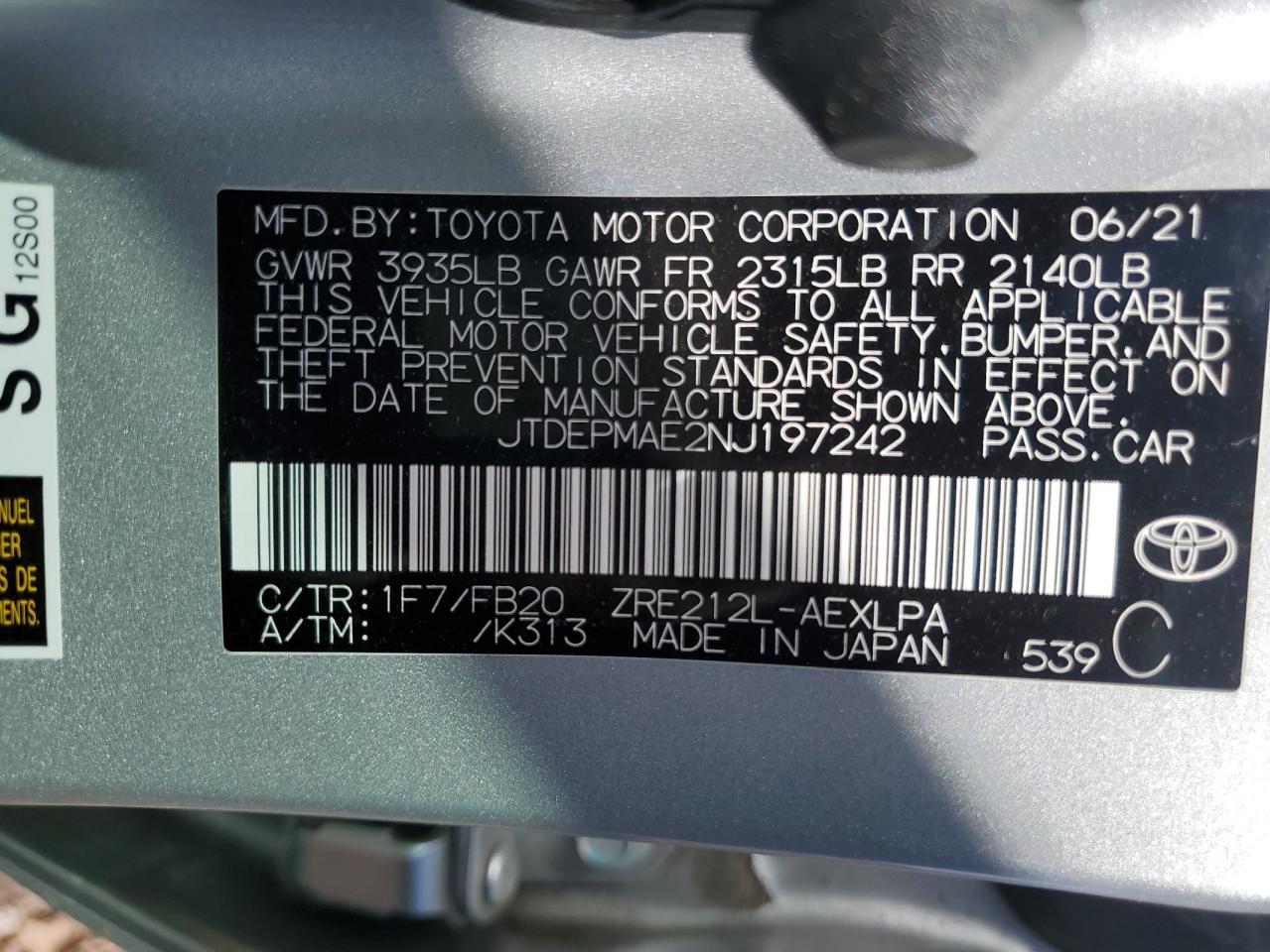 2022 TOYOTA COROLLA LE VIN:JTDEPMAE2NJ197242