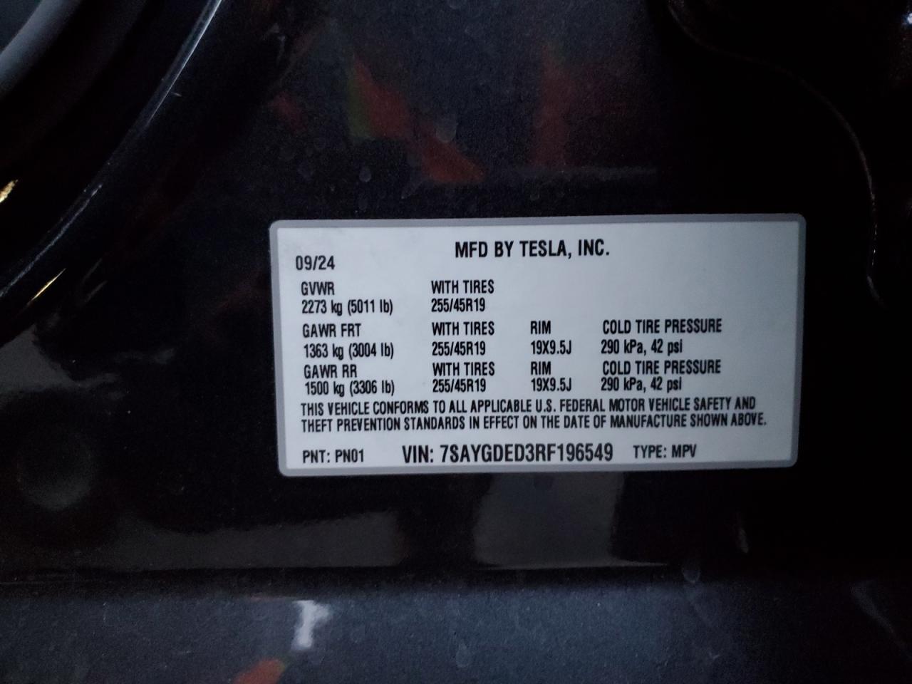 2024 TESLA MODEL Y  VIN:7SAYGDED3RF196549