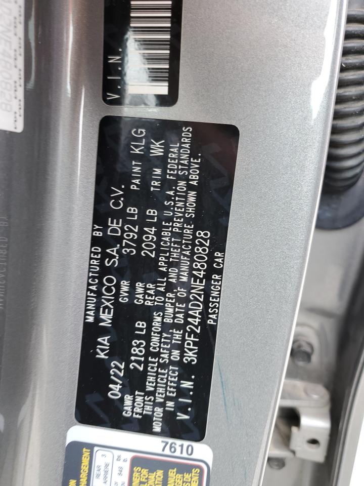 2022 KIA FORTE FE VIN:3KPF24AD2NE480828