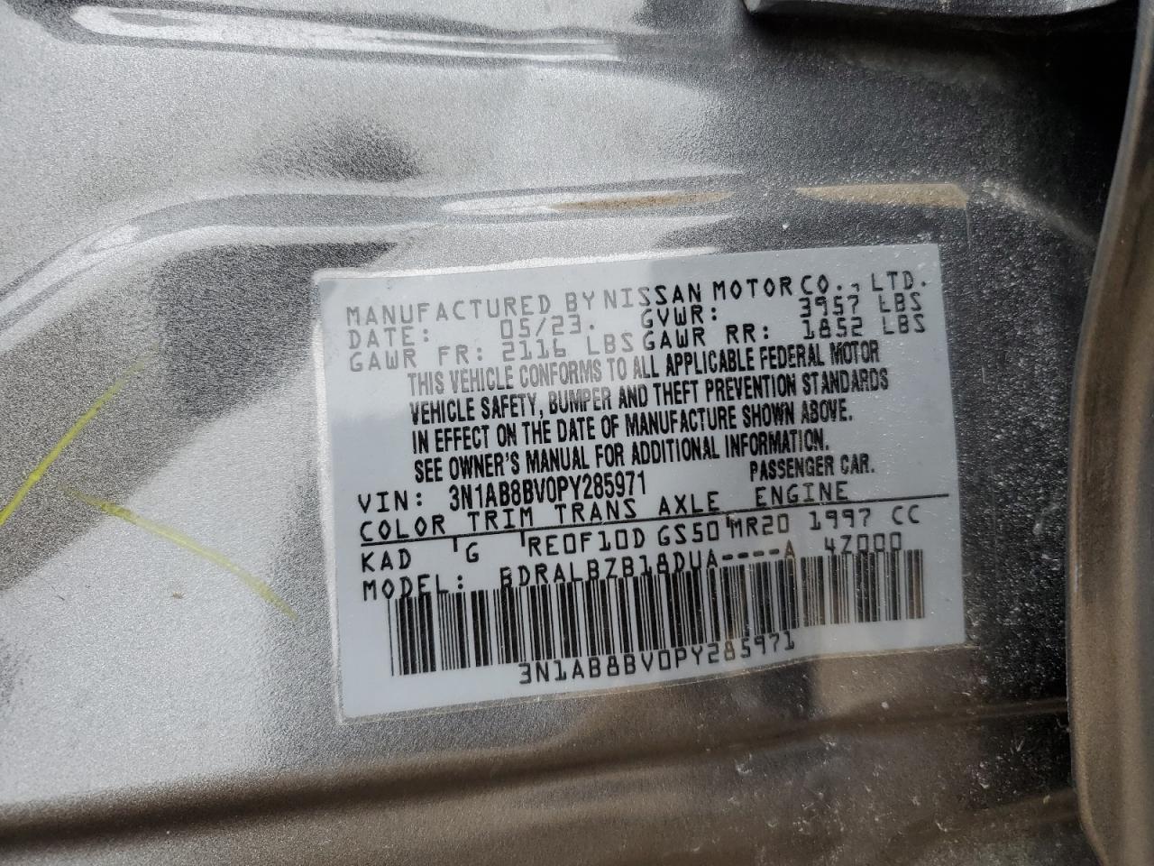 2023 NISSAN SENTRA S VIN:3N1AB8BV0PY285971
