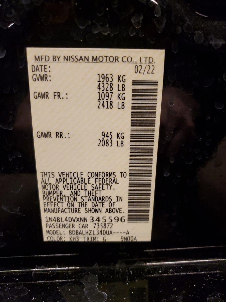 2022 NISSAN ALTIMA SV VIN:1N4BL4DVXNN345596