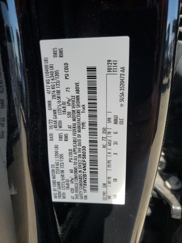 2022 FORD F250 SUPER DUTY VIN:1FT8W2BT4NEF58030