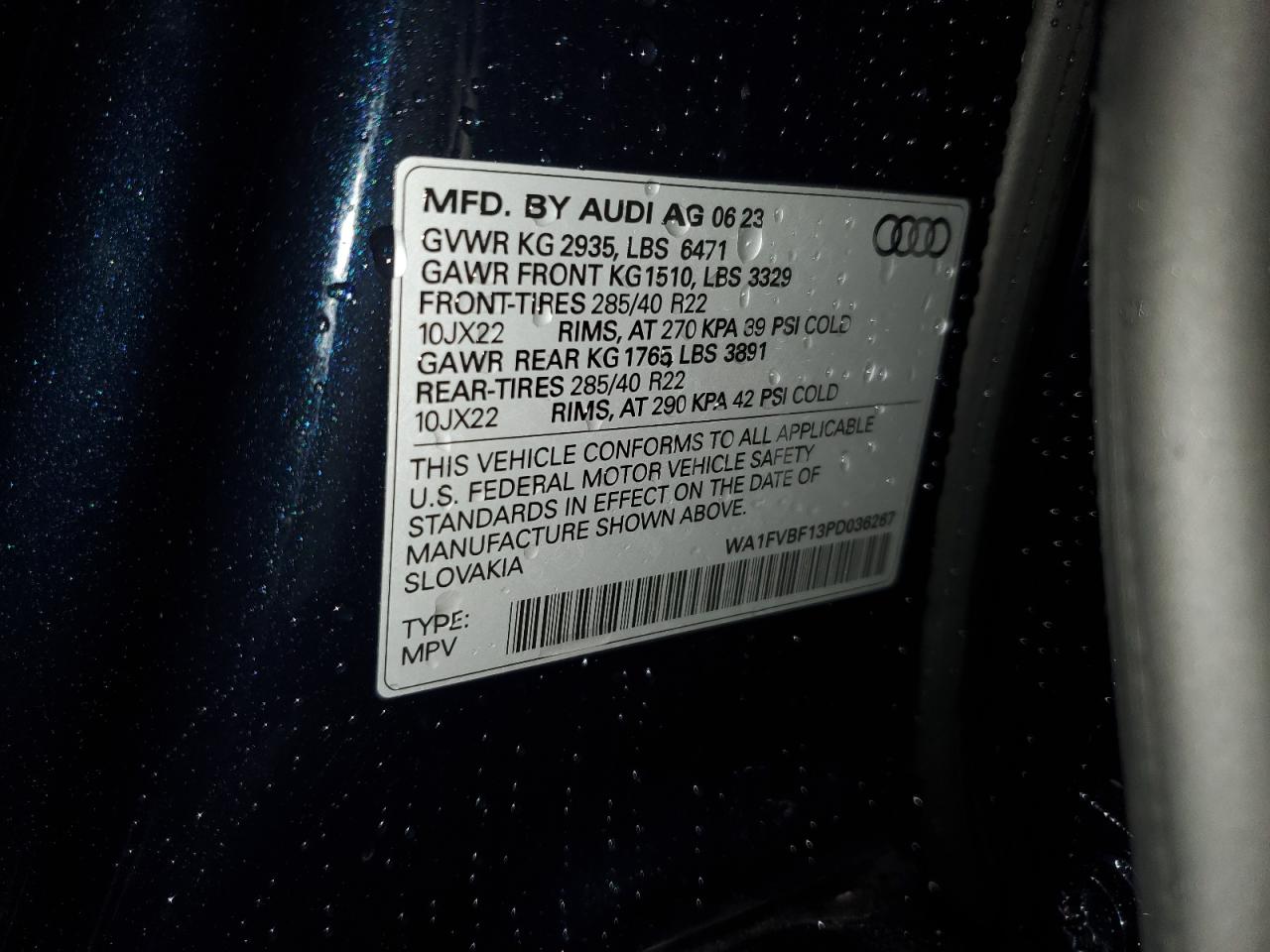 2023 AUDI Q8 PRESTIGE S-LINE VIN:WA1FVBF13PD036267