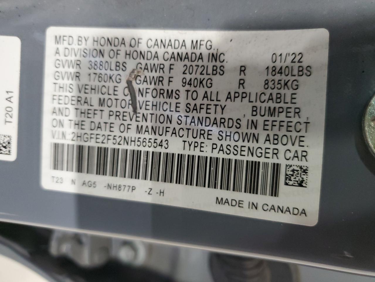 2022 HONDA CIVIC SPORT VIN:2HGFE2F52NH565543
