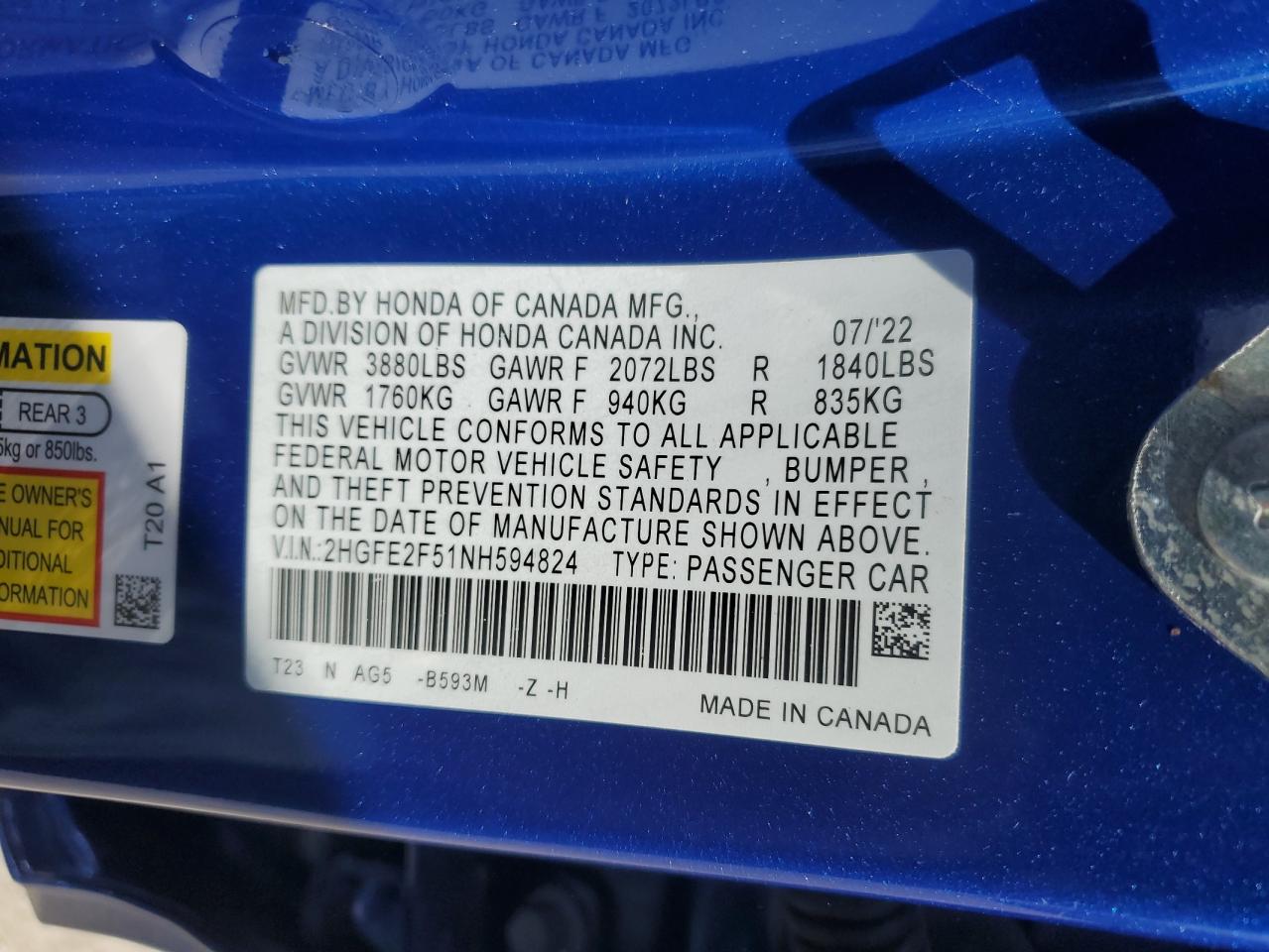 2022 HONDA CIVIC SPORT VIN:2HGFE2F51NH594824
