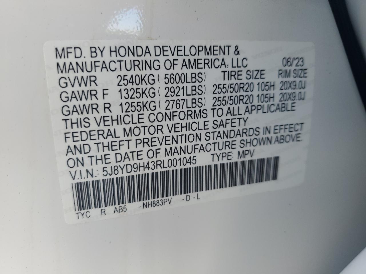 2024 ACURA MDX TECHNOLOGY VIN:5J8YD9H43RL001045