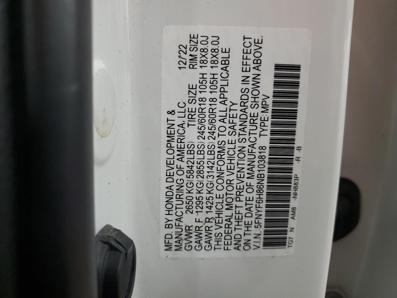 2022 HONDA PILOT TRAILSPORT VIN:5FNYF6H86NB103818