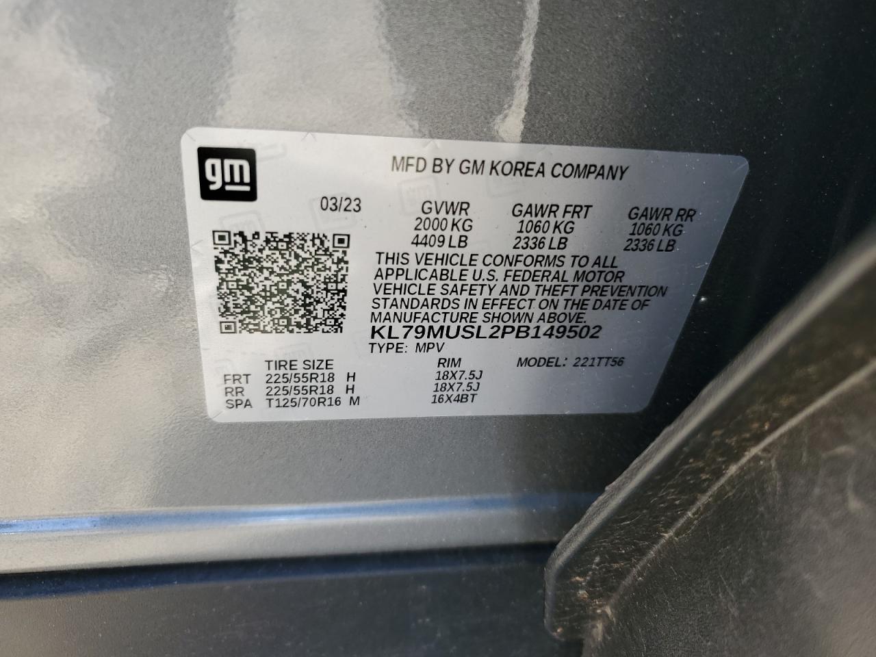 2023 CHEVROLET TRAILBLAZER RS VIN:KL79MUSL2PB149502