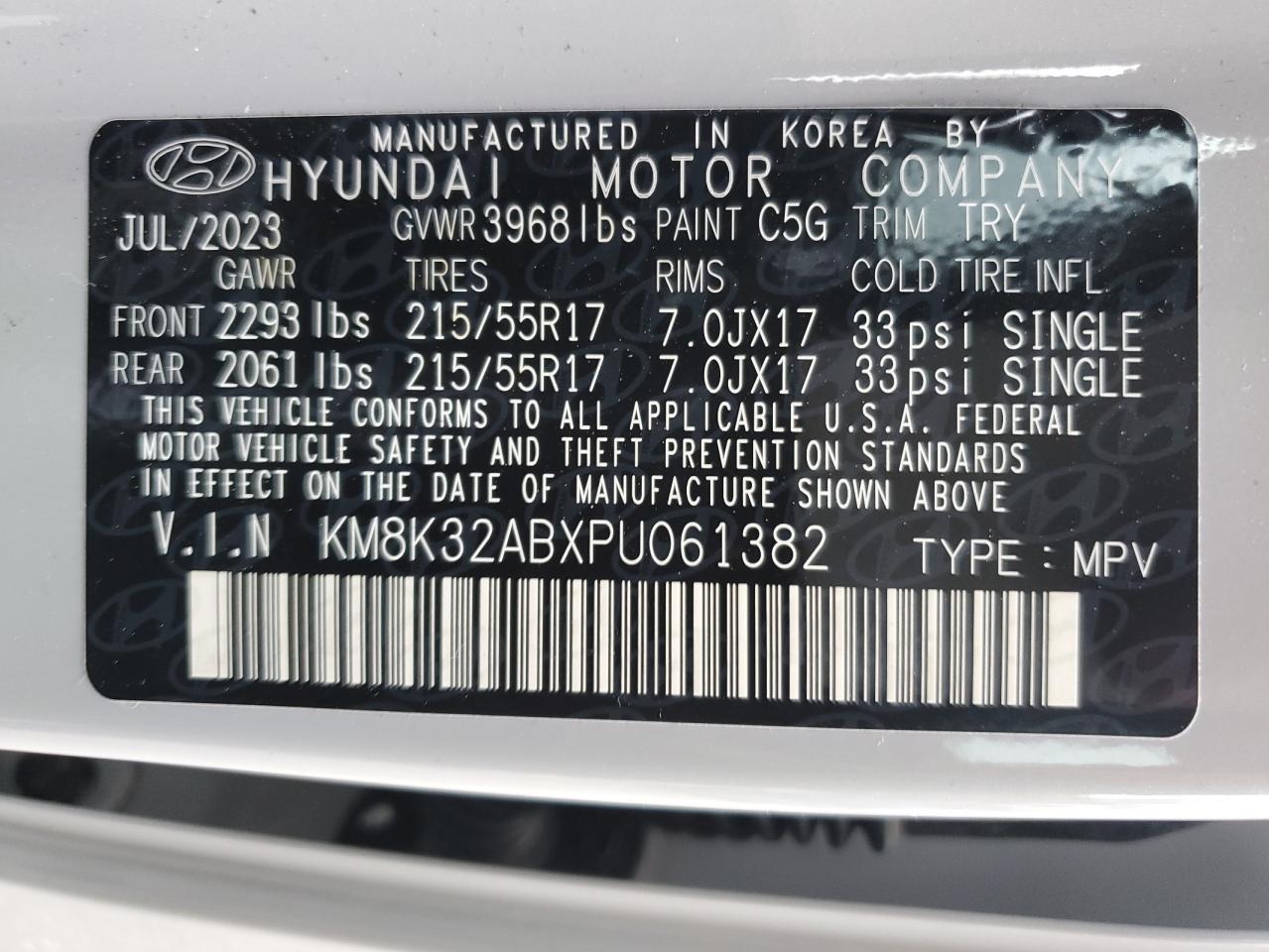 2023 HYUNDAI KONA SEL VIN:KM8K32ABXPU061382