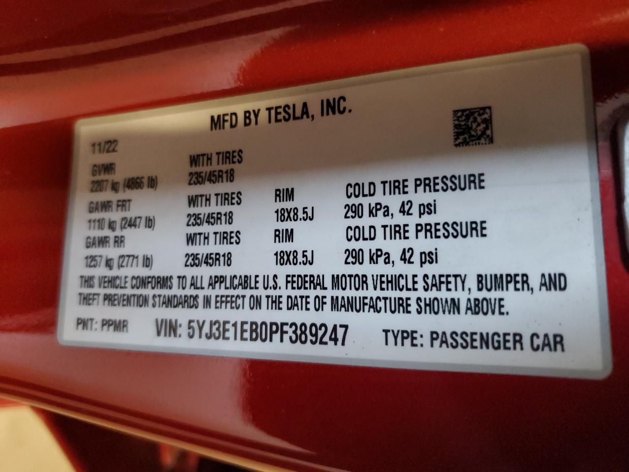 2023 TESLA MODEL 3  VIN:5YJ3E1EB0PF389247