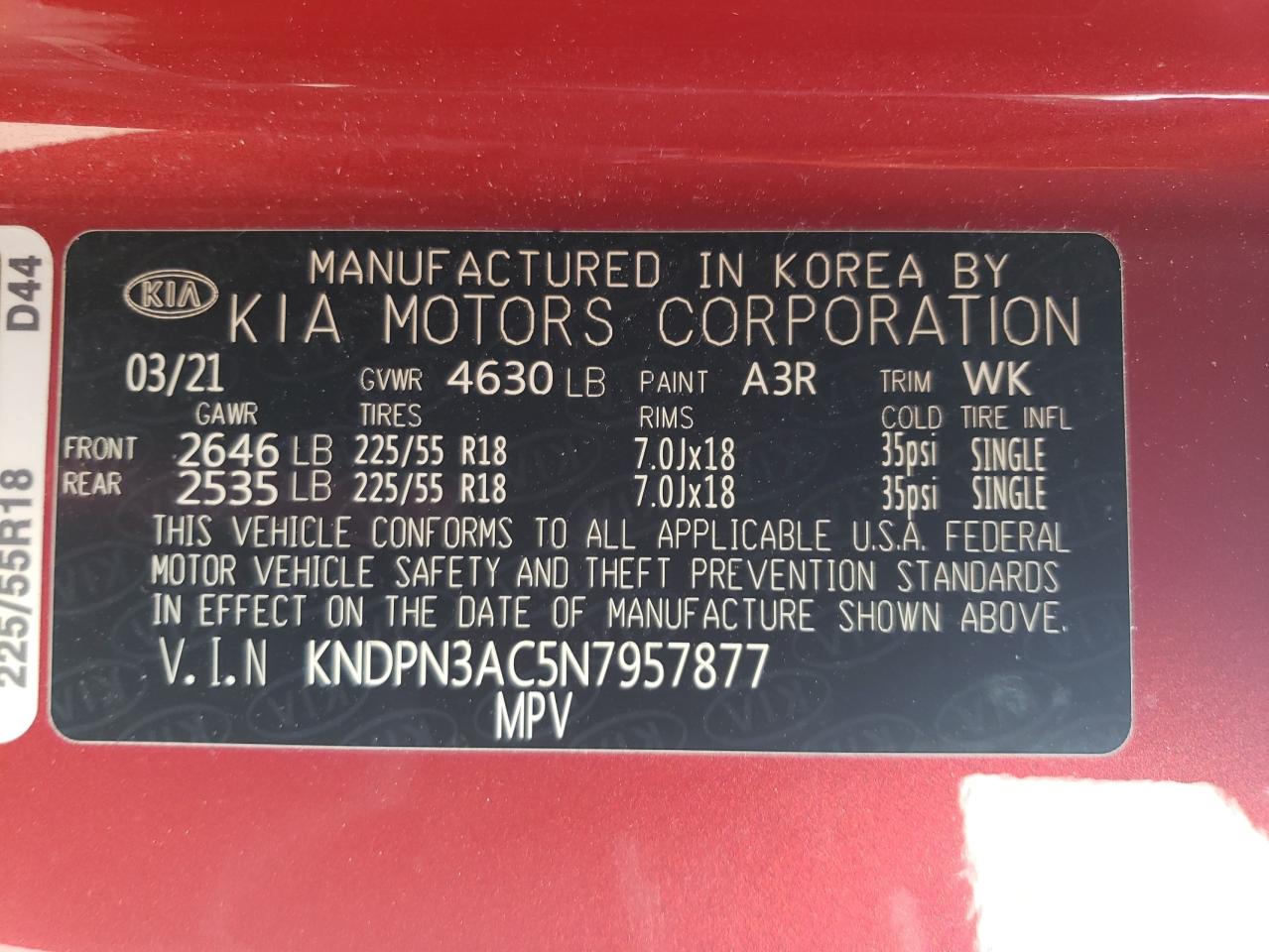2022 KIA SPORTAGE EX VIN:KNDPN3AC5N7957877