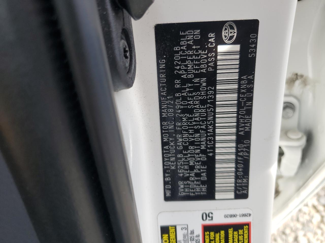 2022 TOYOTA CAMRY LE VIN:4T1C31AK5NU571392