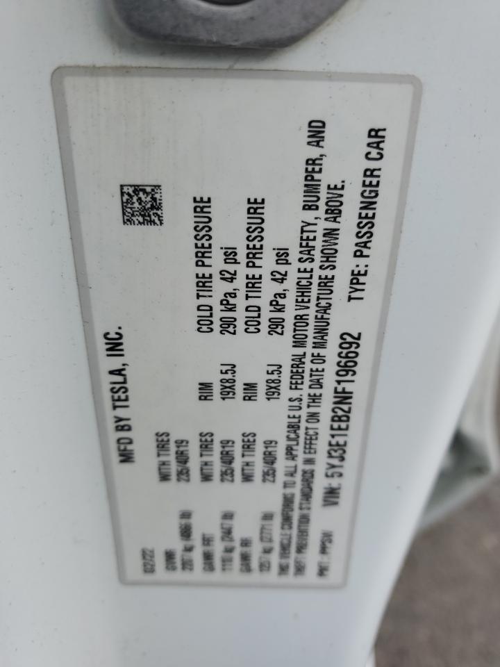 2022 TESLA MODEL 3  VIN:5YJ3E1EB2NF196692