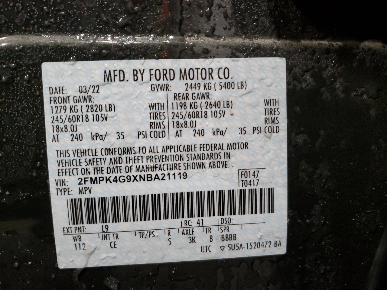 2022 FORD EDGE SE VIN:2FMPK4G9XNBA21119