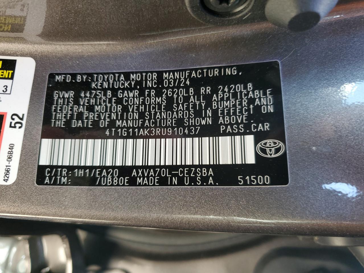 2024 TOYOTA CAMRY SE NIGHT SHADE VIN:4T1G11AK3RU910437
