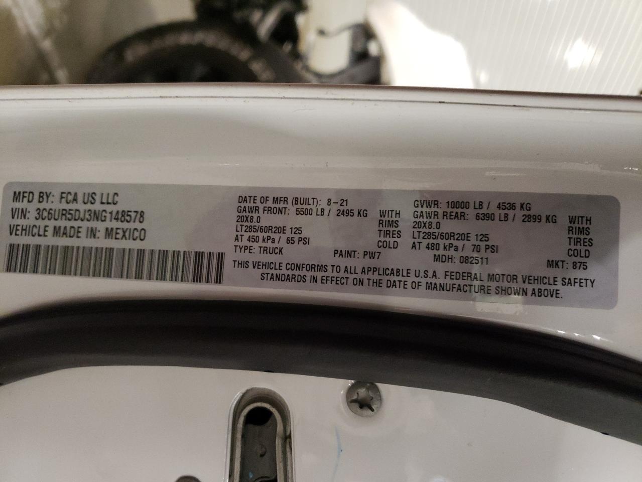 2022 RAM 2500 BIG HORN/LONE STAR VIN:3C6UR5DJ3NG148578