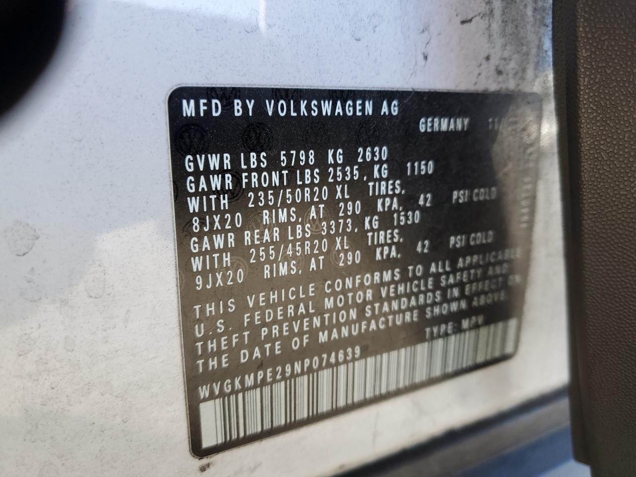 2022 VOLKSWAGEN ID.4 PRO S VIN:WVGKMPE29NP074639
