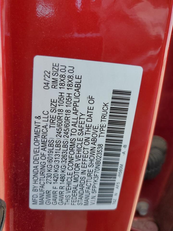 2022 HONDA RIDGELINE RTL VIN:5FPYK3F70NB023538
