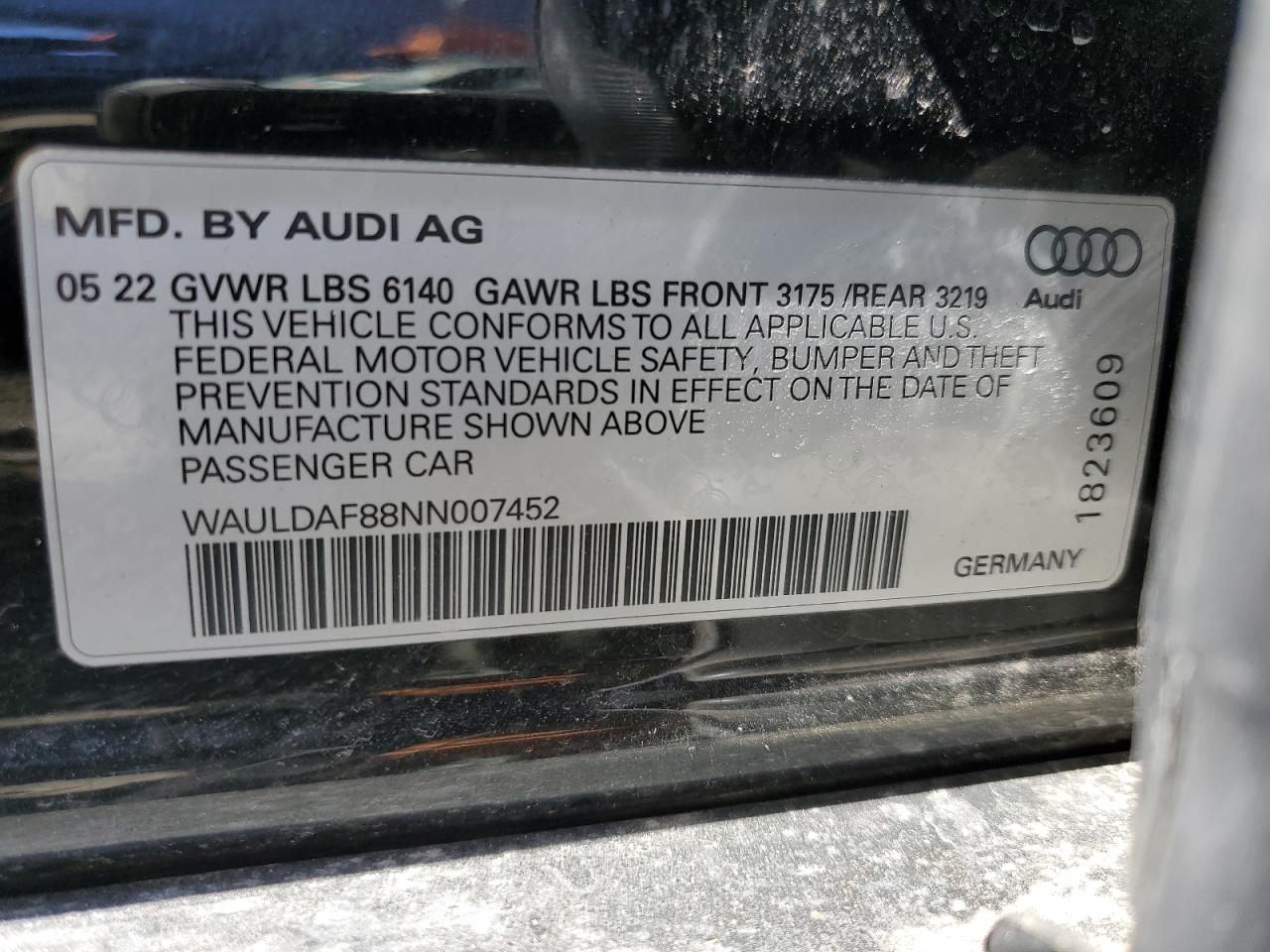 2022 AUDI A8 L VIN:WAULDAF88NN007452