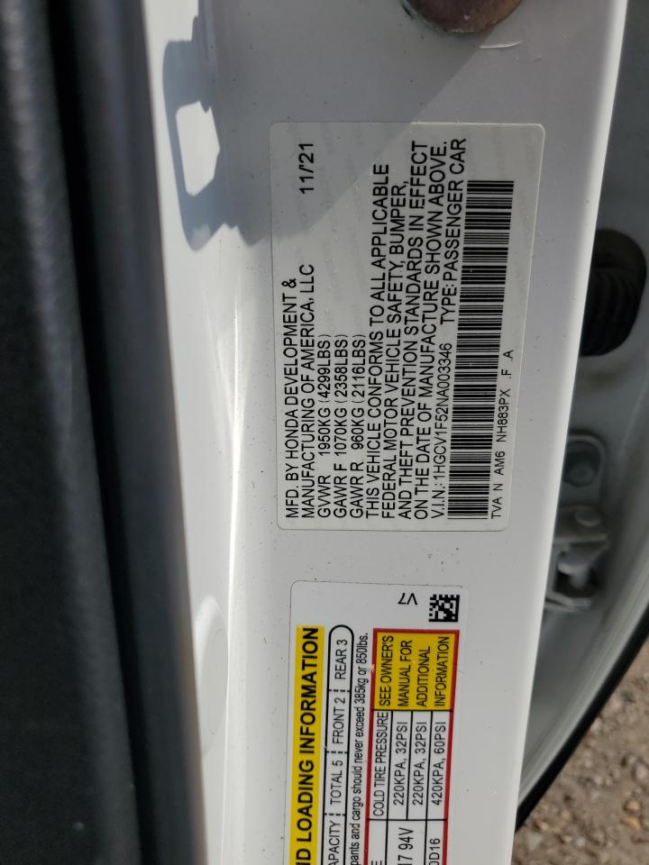 2022 HONDA ACCORD EXL VIN:1HGCV1F52NA003346
