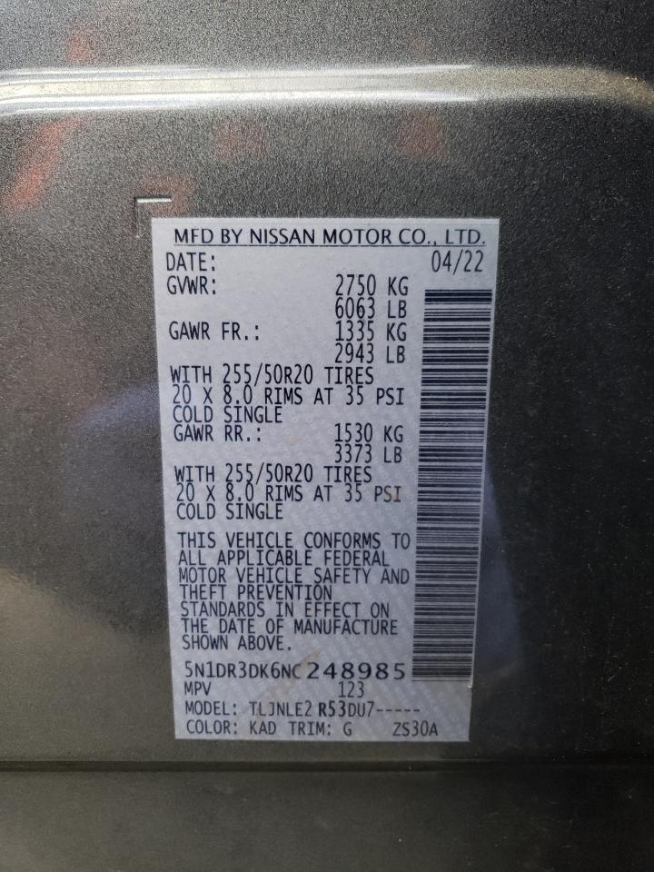 2022 NISSAN PATHFINDER PLATINUM VIN:5N1DR3DK6NC248985