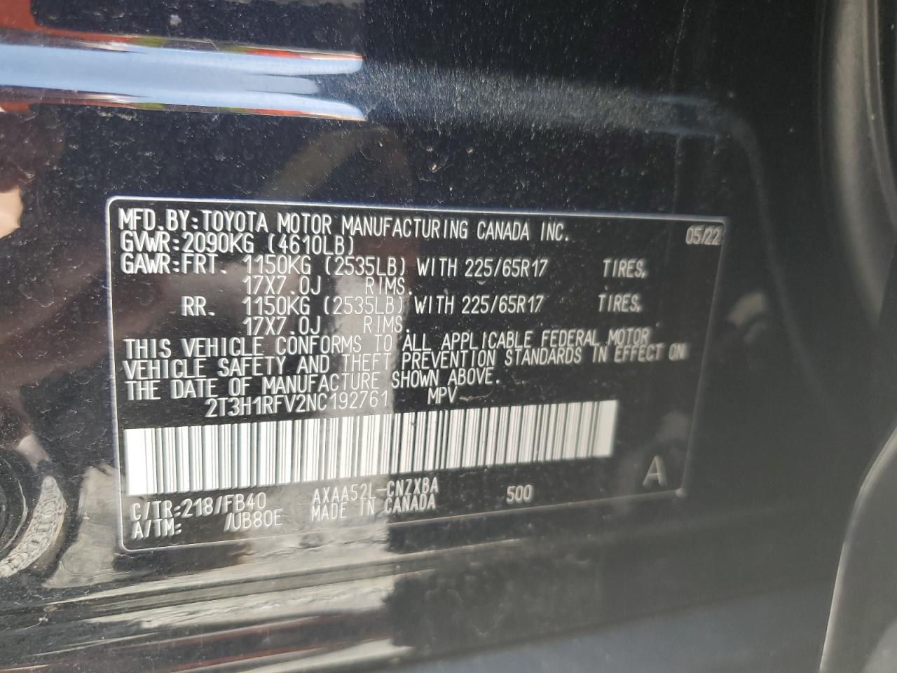 2022 TOYOTA RAV4 LE VIN:2T3H1RFV2NC192761