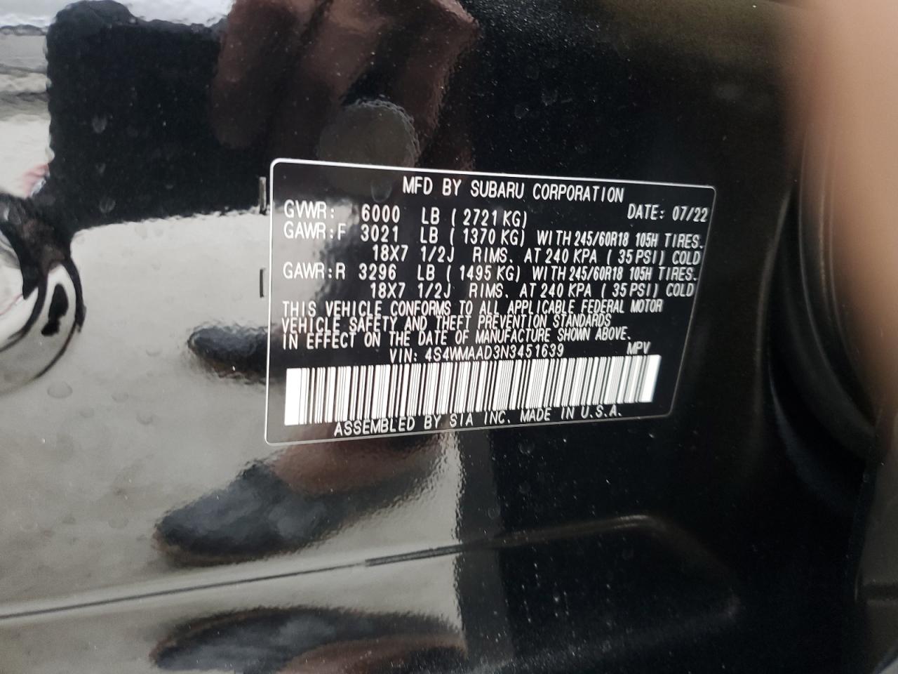 2022 SUBARU ASCENT  VIN:4S4WMAAD3N3451639