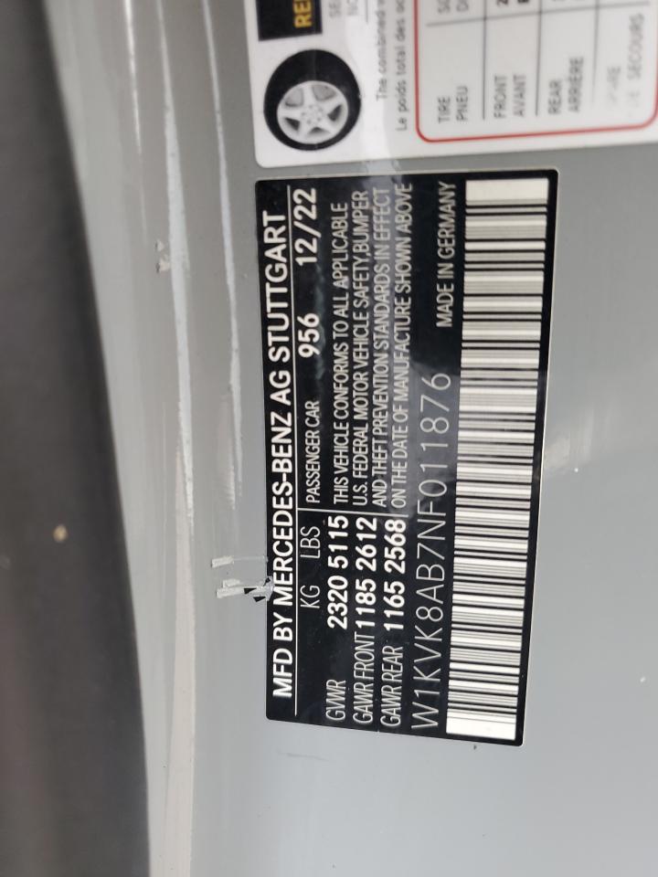 2022 MERCEDES-BENZ SL 55 AMG VIN:W1KVK8AB7NF011876