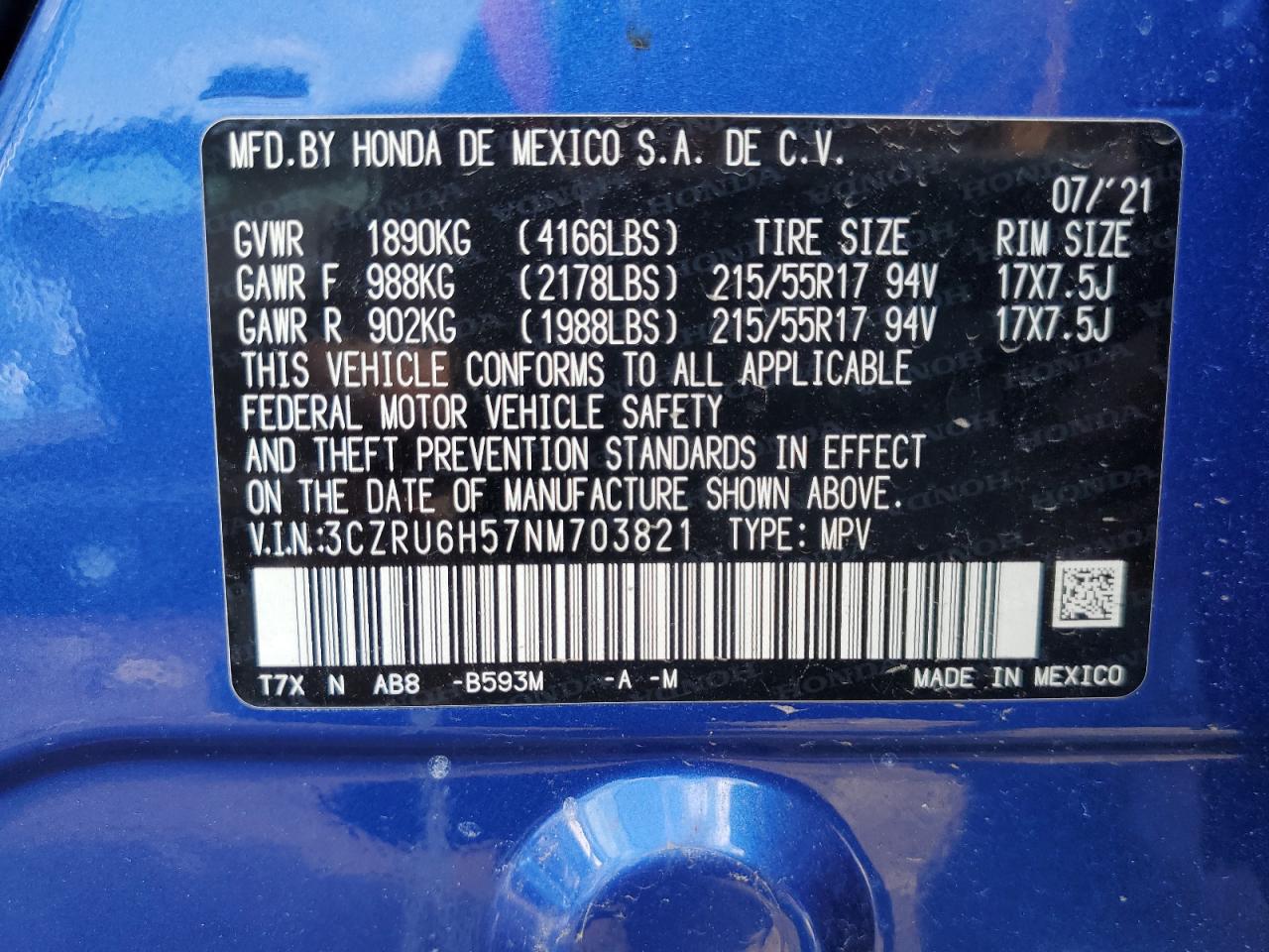 2022 HONDA HR-V EX VIN:3CZRU6H57NM703821