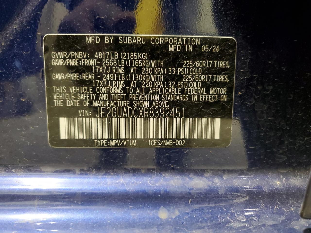 2024 SUBARU CROSSTREK PREMIUM VIN:JF2GUADCXR8392451